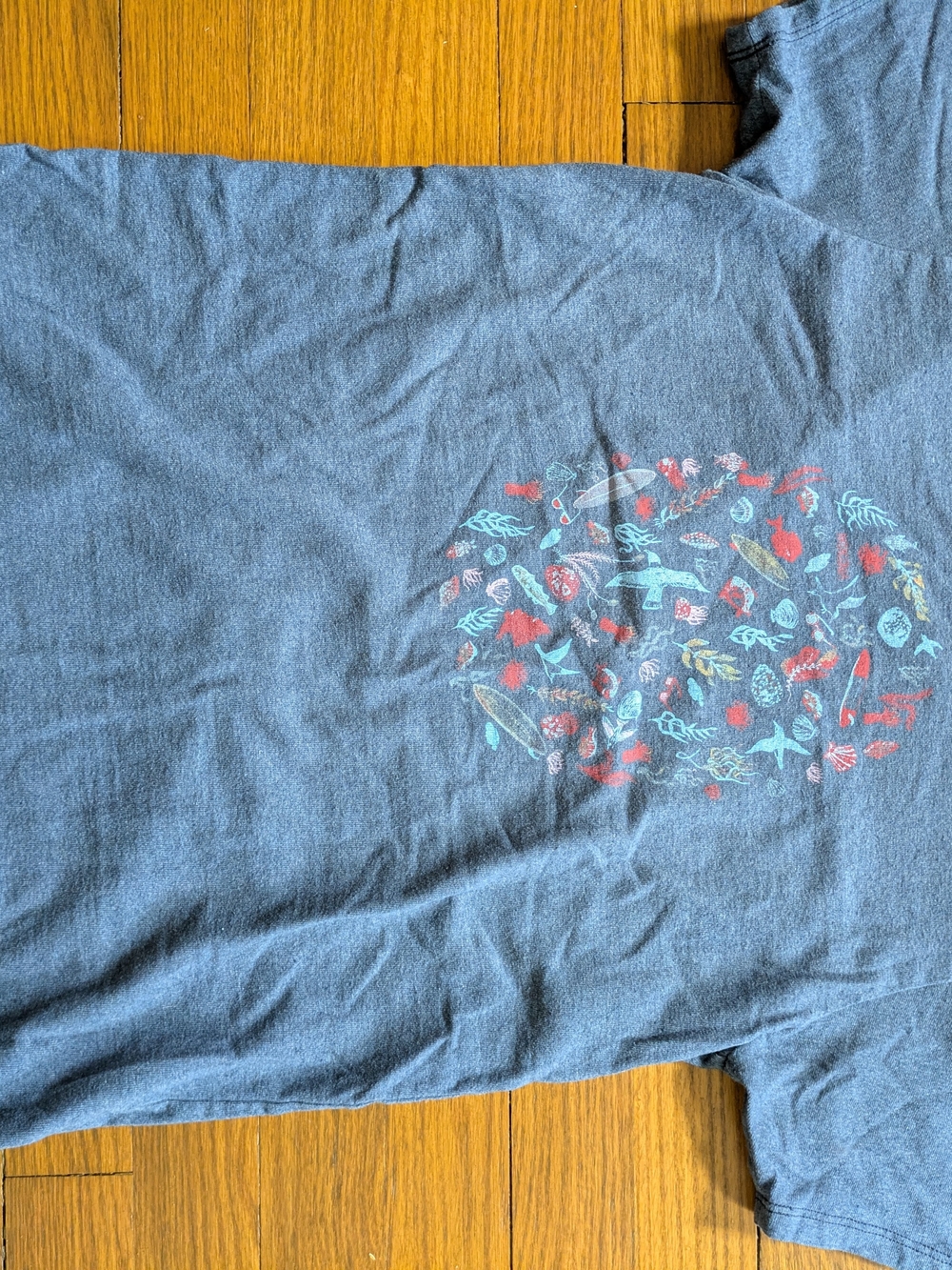 Patagonia Blue Womens Tee with Colorful Sea Life Graphic